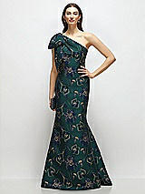 Front View Thumbnail - Evergreen Floral Bow One-Shoulder Oscar Metallic Floral Jacquard Trumpet Maxi Dress