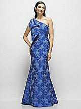 Front View Thumbnail - Cobalt Jacquard Bow One-Shoulder Cobalt Floral Metallic Jacquard Trumpet Maxi Dress
