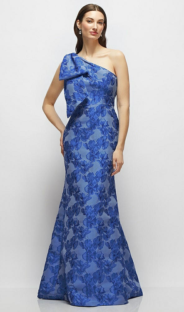Front View - Cobalt Jacquard Bow One-Shoulder Cobalt Floral Metallic Jacquard Trumpet Maxi Dress