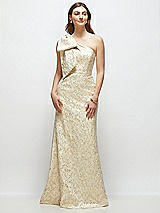 Front View Thumbnail - Champagne Filigree Bow One-Shoulder Champagne Brocade Maxi Dress with Trumpet Skirt