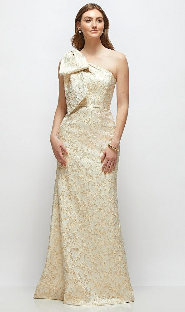 Front View - Champagne Filigree Bow One-Shoulder Champagne Brocade Maxi Dress with Trumpet Skirt