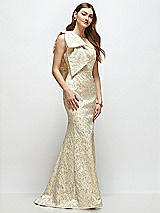 Side View Thumbnail - Champagne Filigree Bow One-Shoulder Champagne Brocade Maxi Dress with Trumpet Skirt