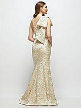 Rear View Thumbnail - Champagne Filigree Bow One-Shoulder Champagne Brocade Maxi Dress with Trumpet Skirt