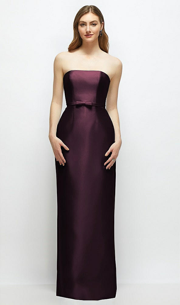 Front View - Deep Plum Strapless Satin Column Dress with Bow-Trimmed Skinny Belt