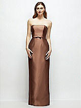 Front View Thumbnail - Cognac Strapless Satin Column Dress with Bow-Trimmed Skinny Belt