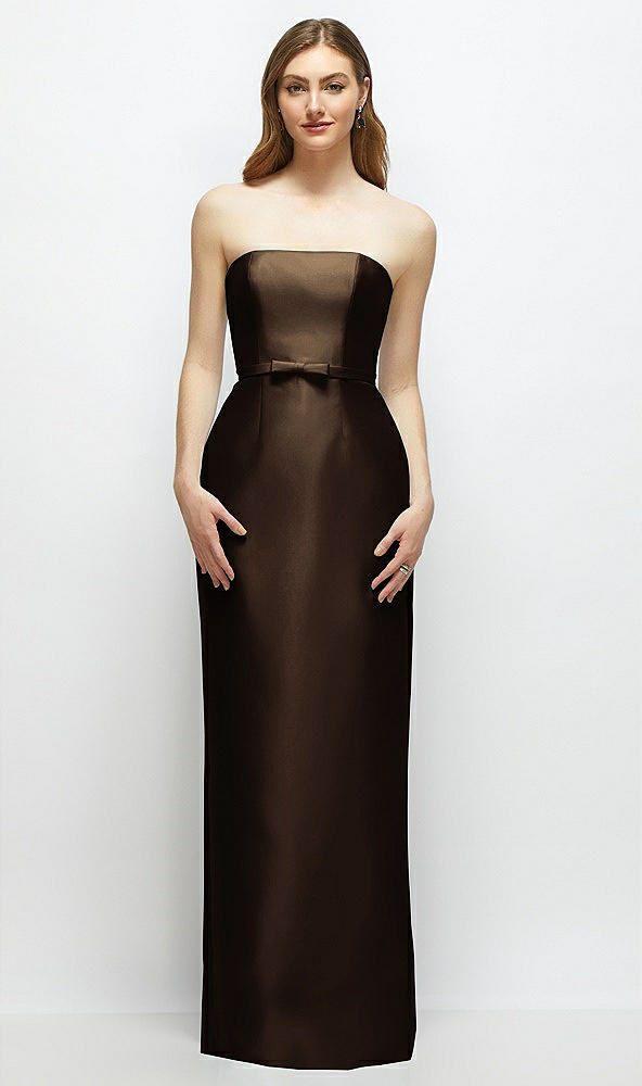 Front View - Espresso Strapless Satin Column Dress with Bow-Trimmed Skinny Belt