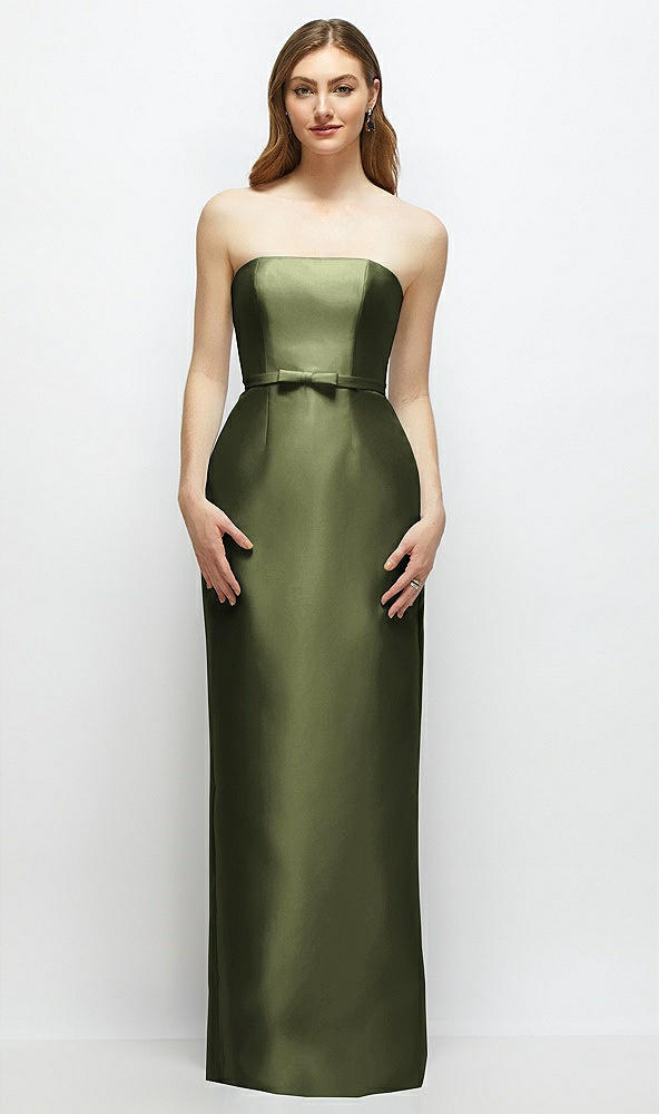 Front View - Olive Green Strapless Satin Column Dress with Bow-Trimmed Skinny Belt