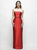 Front View Thumbnail - Poppy Red Strapless Satin Column Dress with Bow-Trimmed Skinny Belt