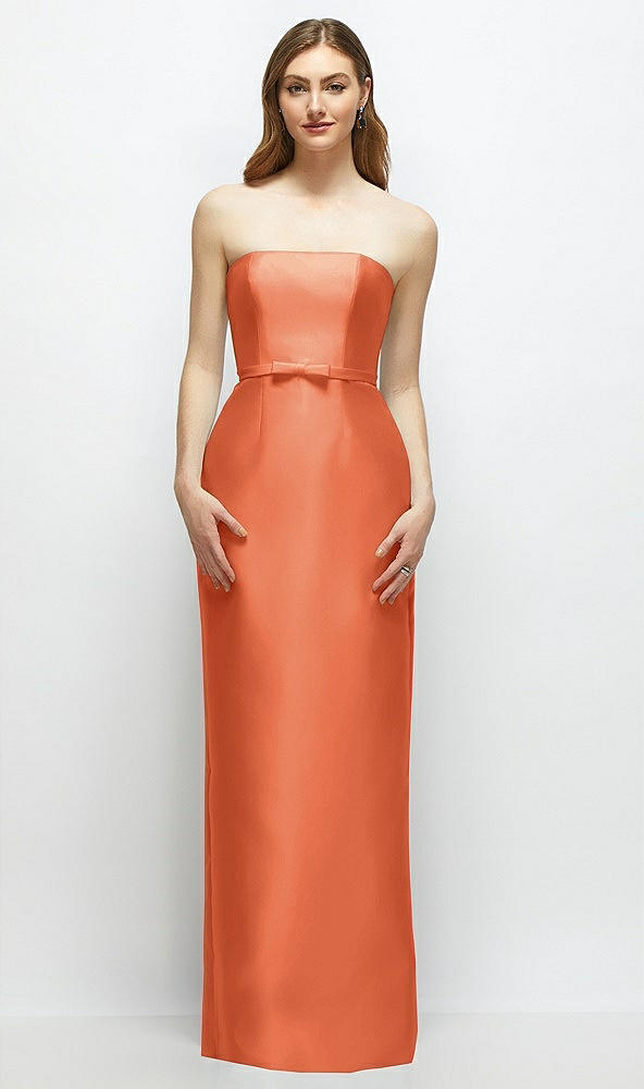 Front View - Portofino Orange Strapless Satin Column Dress with Bow-Trimmed Skinny Belt