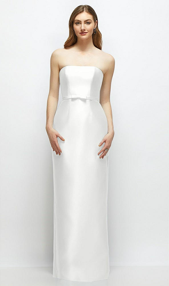Front View - White Strapless Satin Column Dress with Bow-Trimmed Skinny Belt