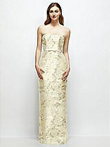 Front View Thumbnail - Butter Yellow Floral Floral Strapless Satin Column Dress with Bow-Trimmed Skinny Belt