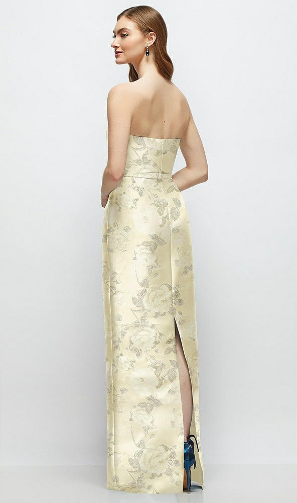 Back View - Butter Yellow Floral Floral Strapless Satin Column Dress with Bow-Trimmed Skinny Belt