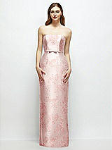Front View Thumbnail - Bow And Blossom Print Floral Strapless Satin Column Dress with Bow-Trimmed Skinny Belt