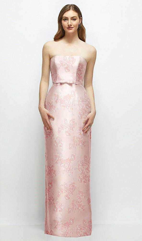 Front View - Bow And Blossom Print Floral Strapless Satin Column Dress with Bow-Trimmed Skinny Belt