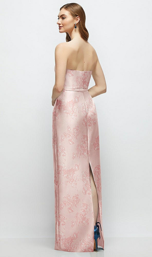 Back View - Bow And Blossom Print Floral Strapless Satin Column Dress with Bow-Trimmed Skinny Belt