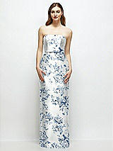 Front View Thumbnail - Cottage Rose Larkspur Floral Strapless Satin Column Dress with Bow-Trimmed Skinny Belt