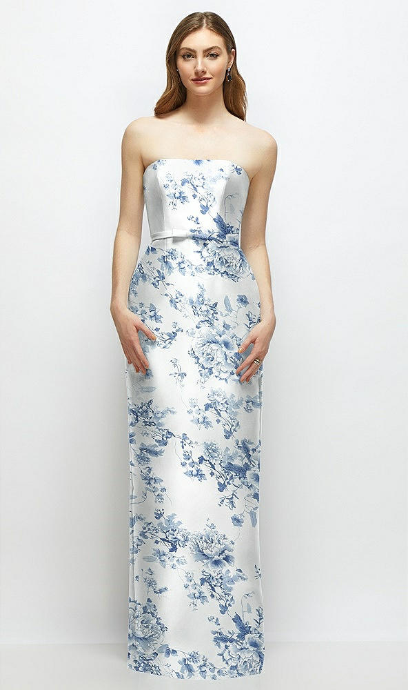 Front View - Cottage Rose Larkspur Floral Strapless Satin Column Dress with Bow-Trimmed Skinny Belt