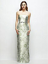 Front View Thumbnail - Sage Cottage Rose Floral Strapless Satin Column Dress with Bow-Trimmed Skinny Belt