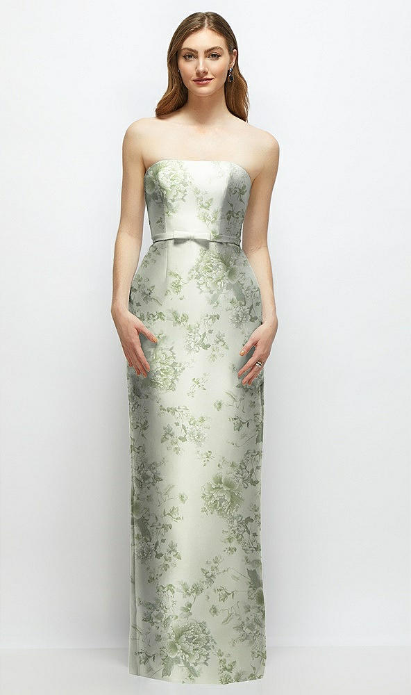 Front View - Sage Cottage Rose Floral Strapless Satin Column Dress with Bow-Trimmed Skinny Belt