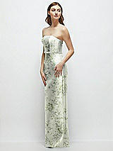 Side View Thumbnail - Sage Cottage Rose Floral Strapless Satin Column Dress with Bow-Trimmed Skinny Belt