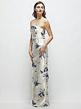 Side View Thumbnail - Inkwash Blue Floral Floral Strapless Satin Column Dress with Bow-Trimmed Skinny Belt