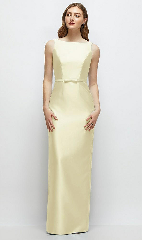 Front View - Butter Yellow Bateau Neck Satin Column Dress with Bow-Trimmed Skinny Belt