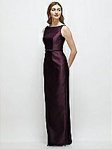 Side View Thumbnail - Deep Plum Bateau Neck Satin Column Dress with Bow-Trimmed Skinny Belt
