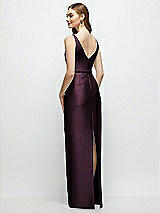 Rear View Thumbnail - Deep Plum Bateau Neck Satin Column Dress with Bow-Trimmed Skinny Belt