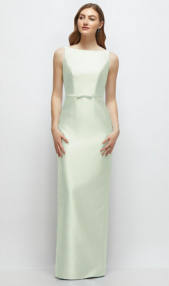 Front View - Mint Green Bateau Neck Satin Column Dress with Bow-Trimmed Skinny Belt