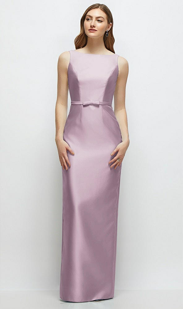 Front View - Suede Rose Bateau Neck Satin Column Dress with Bow-Trimmed Skinny Belt