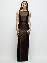 Front View Thumbnail - Espresso Bateau Neck Satin Column Dress with Bow-Trimmed Skinny Belt