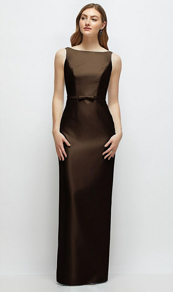 Front View - Espresso Bateau Neck Satin Column Dress with Bow-Trimmed Skinny Belt