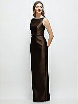 Side View Thumbnail - Espresso Bateau Neck Satin Column Dress with Bow-Trimmed Skinny Belt