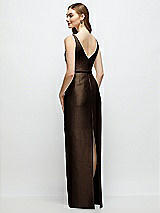 Rear View Thumbnail - Espresso Bateau Neck Satin Column Dress with Bow-Trimmed Skinny Belt