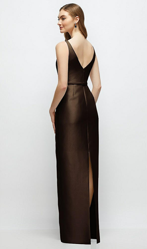 Back View - Espresso Bateau Neck Satin Column Dress with Bow-Trimmed Skinny Belt