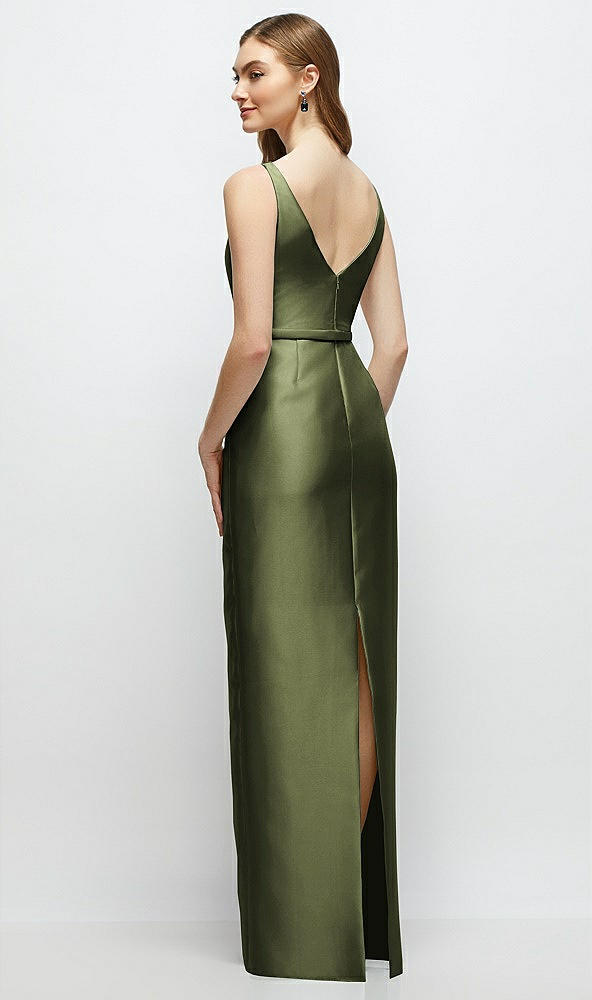 Back View - Olive Green Bateau Neck Satin Column Dress with Bow-Trimmed Skinny Belt