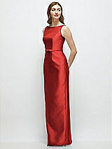 Side View Thumbnail - Poppy Red Bateau Neck Satin Column Dress with Bow-Trimmed Skinny Belt