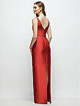 Rear View Thumbnail - Poppy Red Bateau Neck Satin Column Dress with Bow-Trimmed Skinny Belt