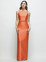 Front View Thumbnail - Portofino Orange Bateau Neck Satin Column Dress with Bow-Trimmed Skinny Belt