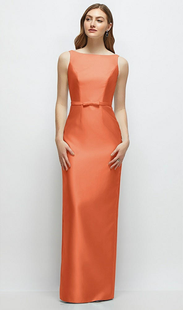 Front View - Portofino Orange Bateau Neck Satin Column Dress with Bow-Trimmed Skinny Belt