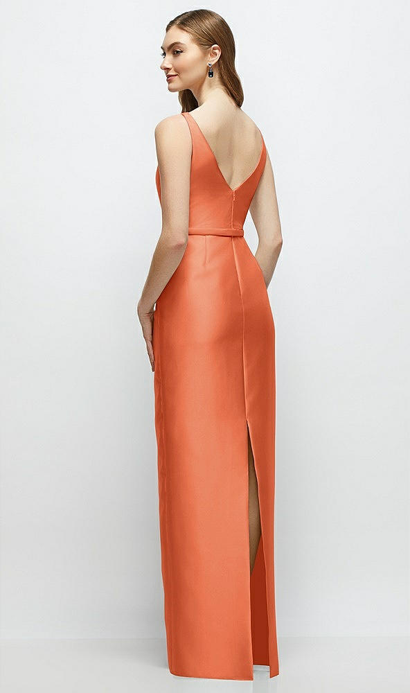 Back View - Portofino Orange Bateau Neck Satin Column Dress with Bow-Trimmed Skinny Belt