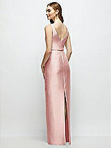 Rear View Thumbnail - Rose Bateau Neck Satin Column Dress with Bow-Trimmed Skinny Belt