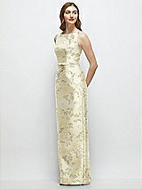 Front View Thumbnail - Butter Yellow Floral Floral Bateau Neck Satin Column Dress with Bow-Trimmed Skinny Belt