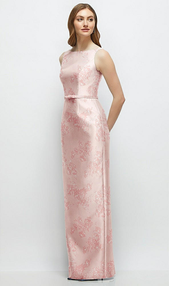 Front View - Bow And Blossom Print Floral Bateau Neck Satin Column Dress with Bow-Trimmed Skinny Belt