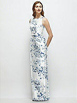 Front View Thumbnail - Cottage Rose Larkspur Floral Bateau Neck Satin Column Dress with Bow-Trimmed Skinny Belt