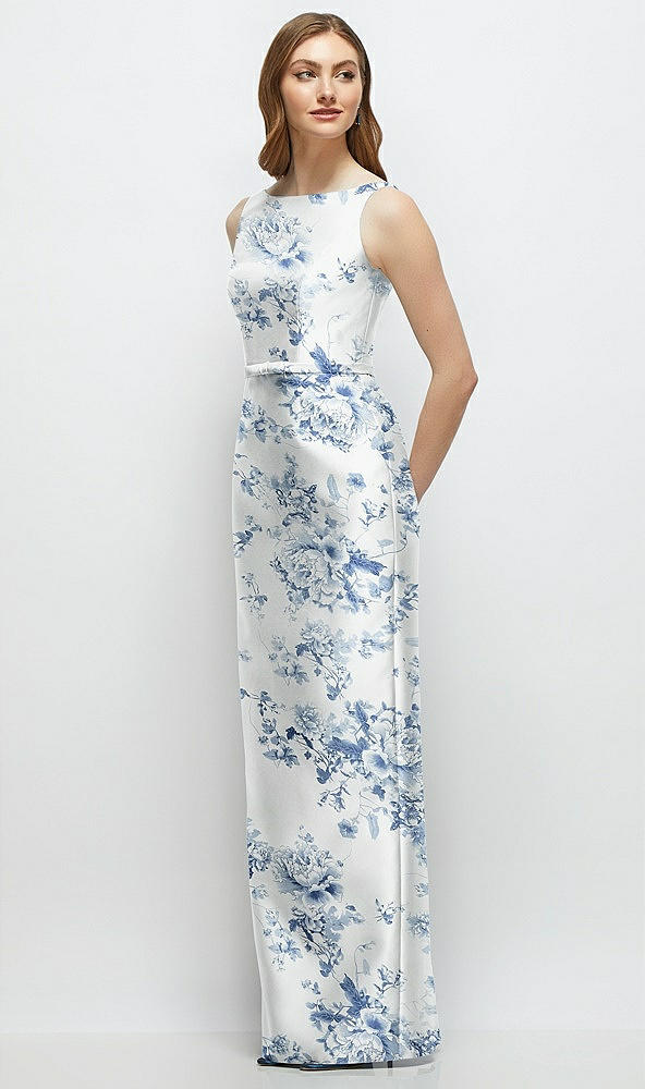Front View - Cottage Rose Larkspur Floral Bateau Neck Satin Column Dress with Bow-Trimmed Skinny Belt