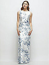 Side View Thumbnail - Cottage Rose Larkspur Floral Bateau Neck Satin Column Dress with Bow-Trimmed Skinny Belt