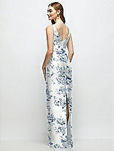 Rear View Thumbnail - Cottage Rose Larkspur Floral Bateau Neck Satin Column Dress with Bow-Trimmed Skinny Belt