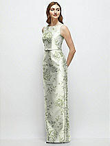 Front View Thumbnail - Sage Cottage Rose Floral Bateau Neck Satin Column Dress with Bow-Trimmed Skinny Belt