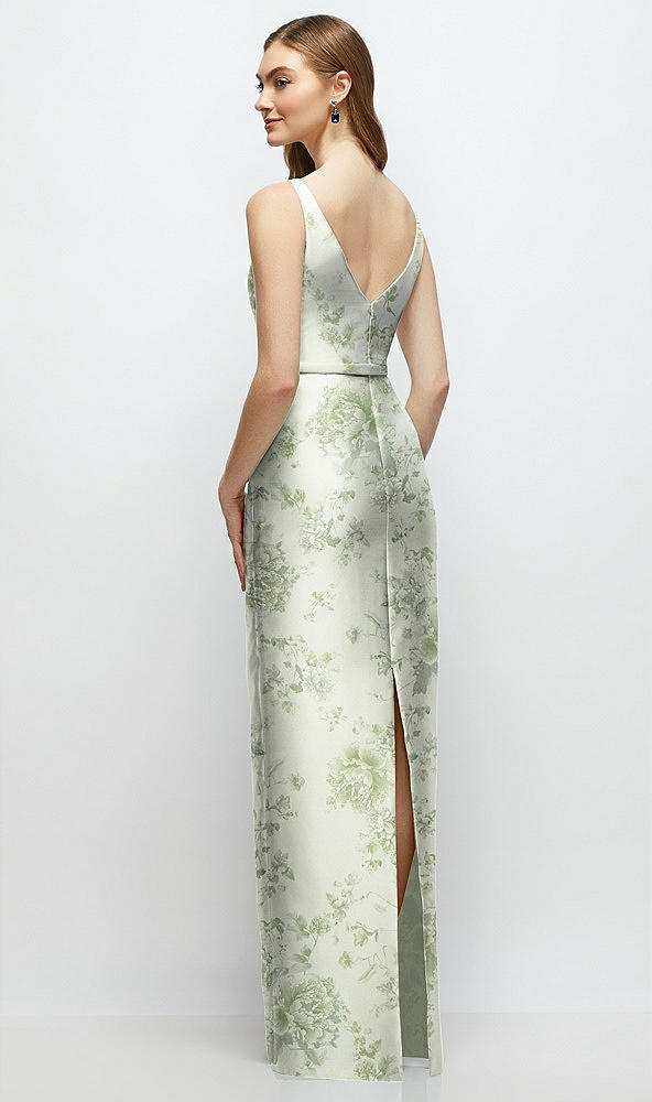 Back View - Sage Cottage Rose Floral Bateau Neck Satin Column Dress with Bow-Trimmed Skinny Belt
